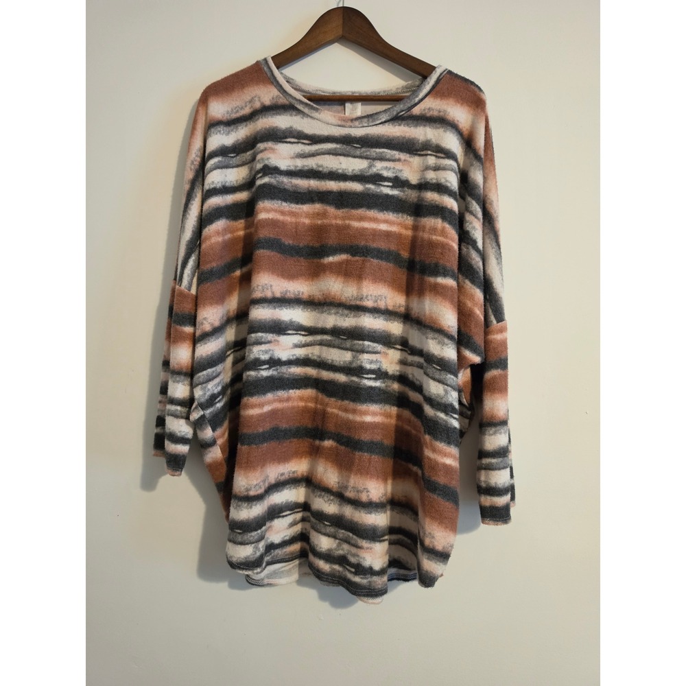 2M Tunic Top Women 3XL Brown Stripe Poly Spandex Oversized Batwing Boho Casual